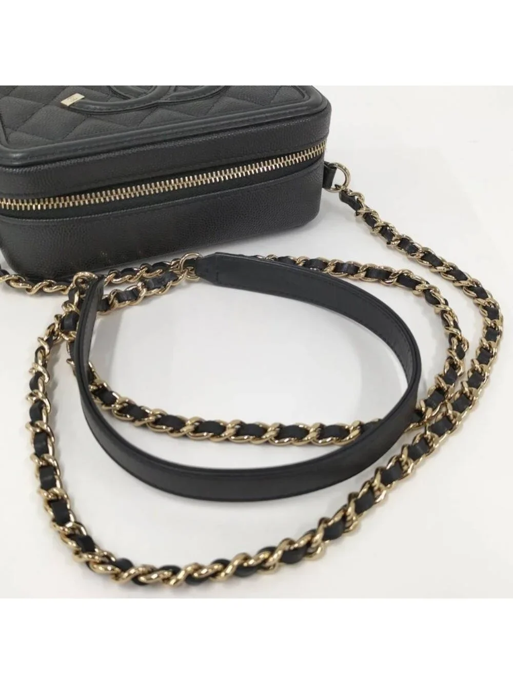 Chanel Shoulder Bag Quilted CC Filigree Leather Black